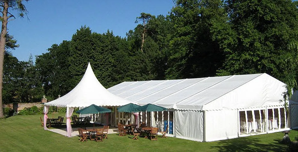 Linked pagoda marquees forming a covered walkway