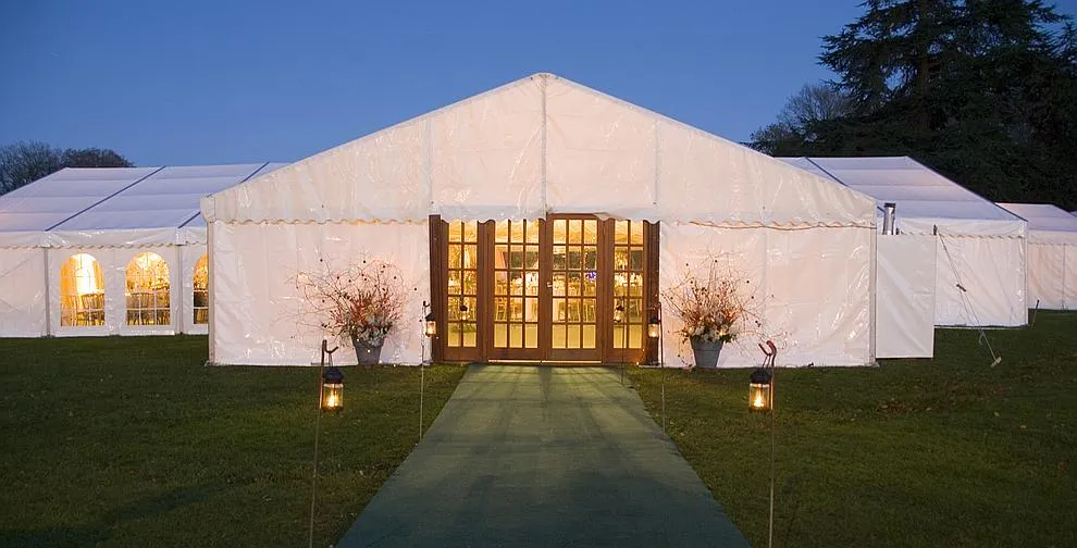 A Shipseys framed marquee with window walls, seen from outside