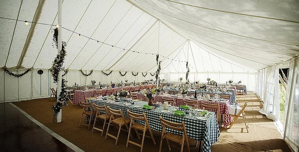 Traditional marquee furniture with linen, china and glassware