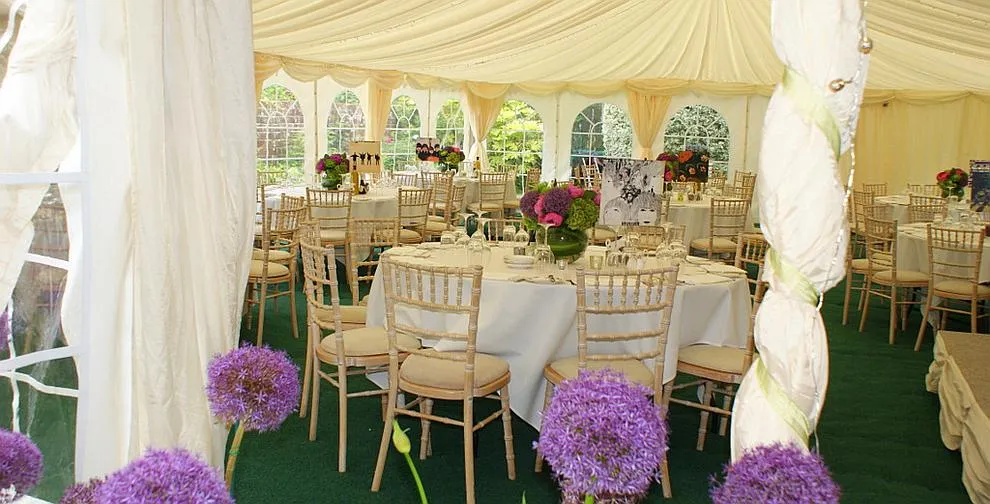 A large framed marquee on a country lawn